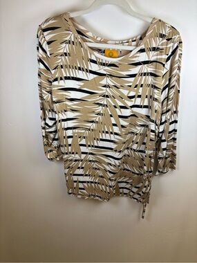 RUBY  ROAD TUNIC TOP BLOUSE  WOMEN XL  TAN WHITE BLACK PALM TROPICAL   RAYON